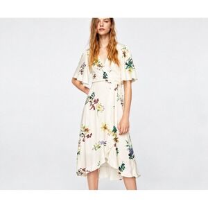 MNG Mango Floral Wrap Midi Dress Womens S 4 Cream Ruffle Flutter Sleeve Boho